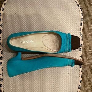 Prada Turquoise Blue Fabric Square-Toe Kitten Heel Flats